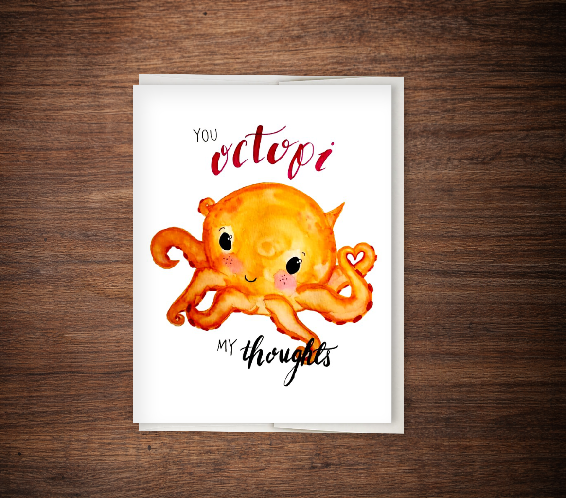 Cute "You Octopi My Thoughts" Card for Love, Romance, Valentine's Day