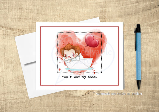 Creepy Clown Greeting Card, Float My Boat Love Card, Funny Scary Card, Anniversary, Thinking of You Card
