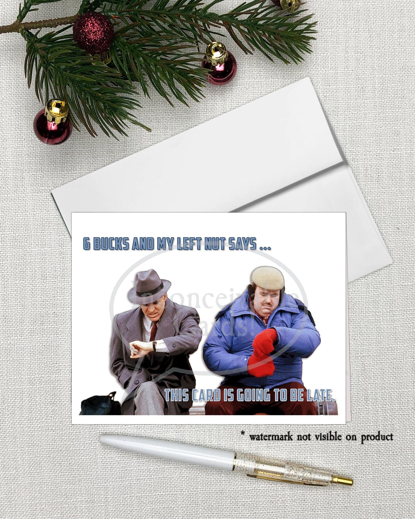 Planes and Trains Funny Belated Holiday Card - "Six Bucks and My Left Nut"