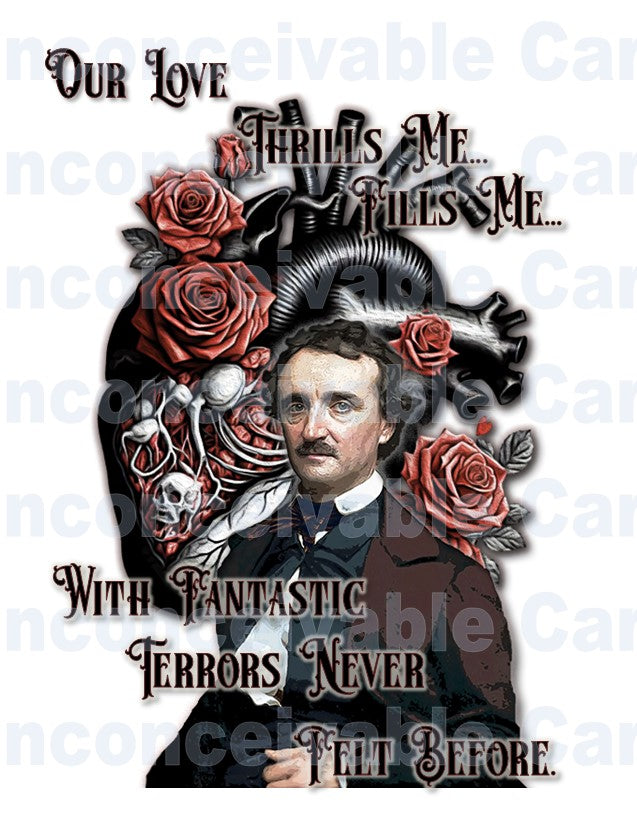 Edgar Allan Poe Card - "Our Love Thrills Me, Fills Me With Fantastic Terror", Card for Anniversary, I Love You, Valentine's Day