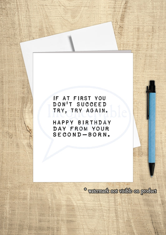 Second Born Birthday Card, Funny Birthday Card for Parents