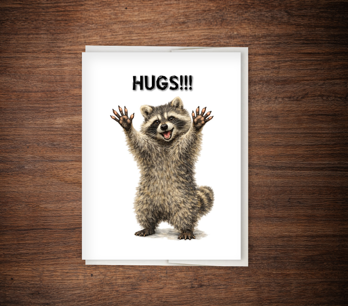 "HUGS!!" Cute Raccoon Hug Card - Encouragement