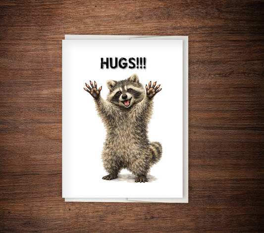 "HUGS!!" Cute Raccoon Hug Card - Encouragement
