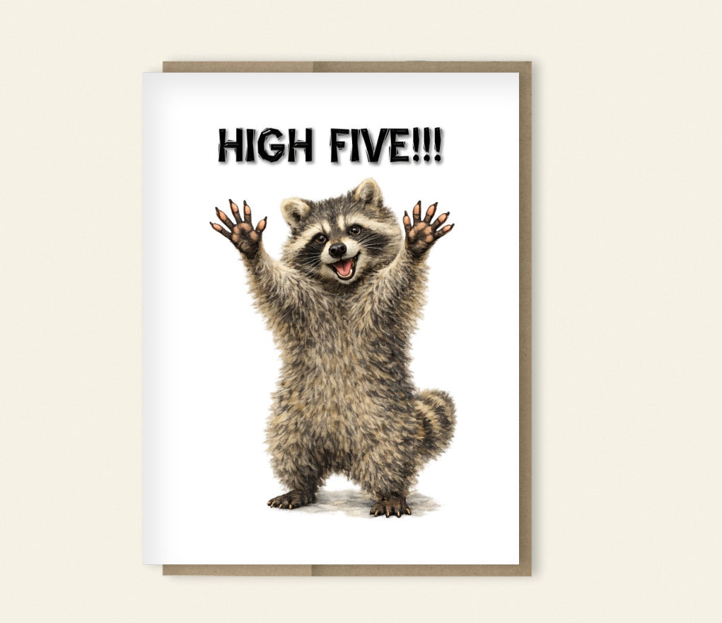 “High Figh!” Funny Raccoon Encouragement Card