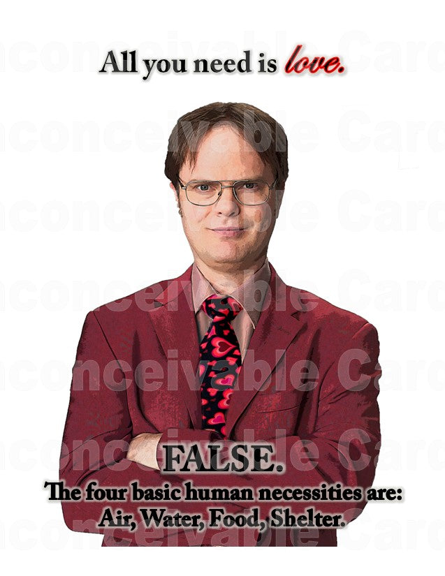 The Office - "Love is All You Need - FALSE!" Romantic Card, Anniversary Card, Valentines day Card